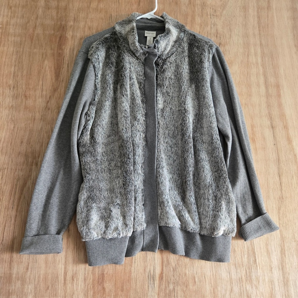 Zenergy by Chicos Grey Faux Fur Front Zip Cardigan Sweater Cashmere Blend Size 3